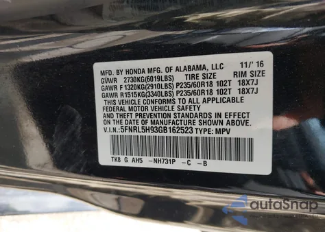 2016 Honda Odyssey Touring/Touring Elite z USA, uszkodzony, nr VIN 5FNRL5H93GB162523